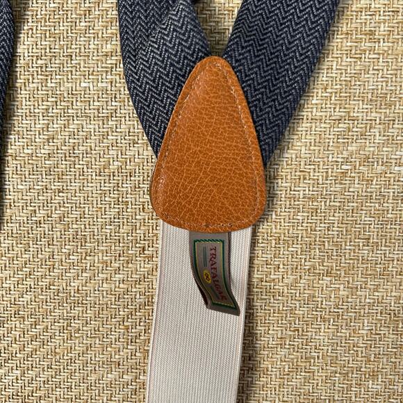 Trafalgar Suspenders Cream Navy Gray Leather Button On Braces USA Made - Picture 5 of 12